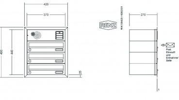RENZ Briefkastenanlage Unterputz, Eckrahmen, Edelstahl V4A, Kastenformat 370x110x270mm, mit Klingel - & Lichttaster und Vorbereitung Gegensprechanlage, 3-teilig